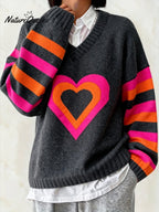 Women'S Casual Color-Block Heart-Patterned Sweater