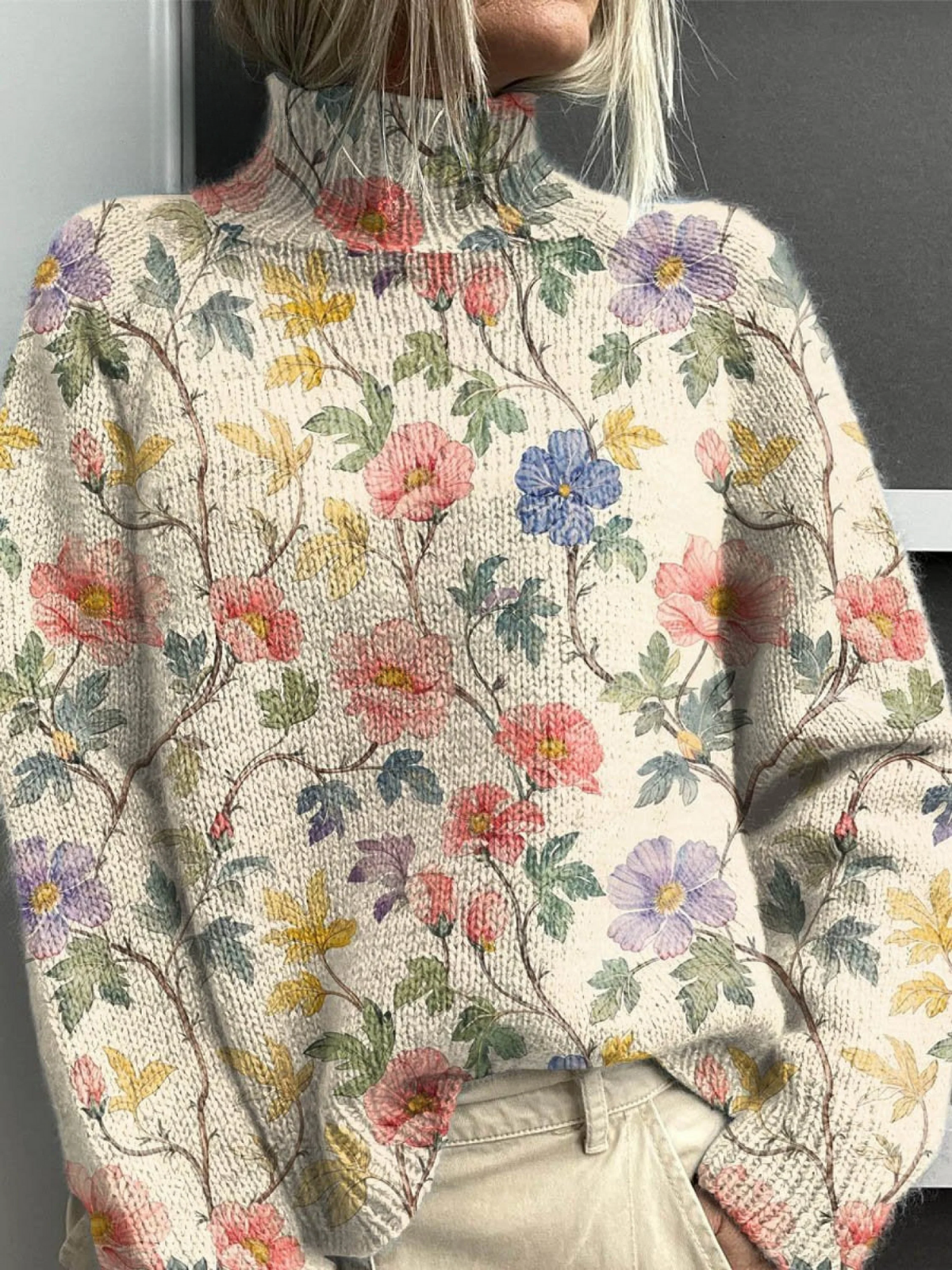 Women's Lovely Floral Art Print Knit Turtleneck Pullover Sweater