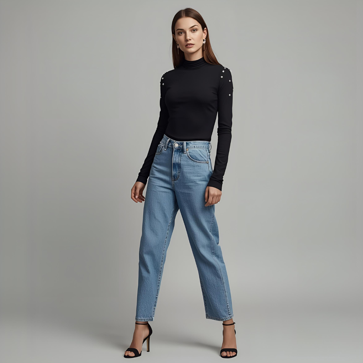 NOIRELLE | Sophisticated Black Turtleneck with Long Sleeves and Pearl Accents