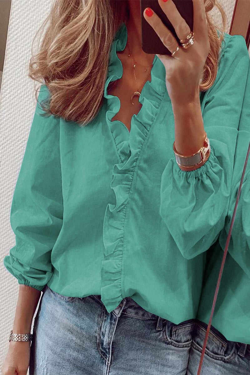 Ruffled Long Sleeve V-Neck Blouse