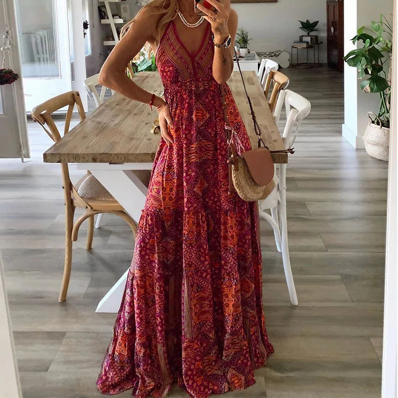 Women's High-Waisted Bohemian Floral Dress