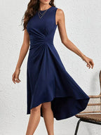 Navy Sleeveless Midi Dress" can be rewritten as "Navy Midi Dress with Sleeveless Design.