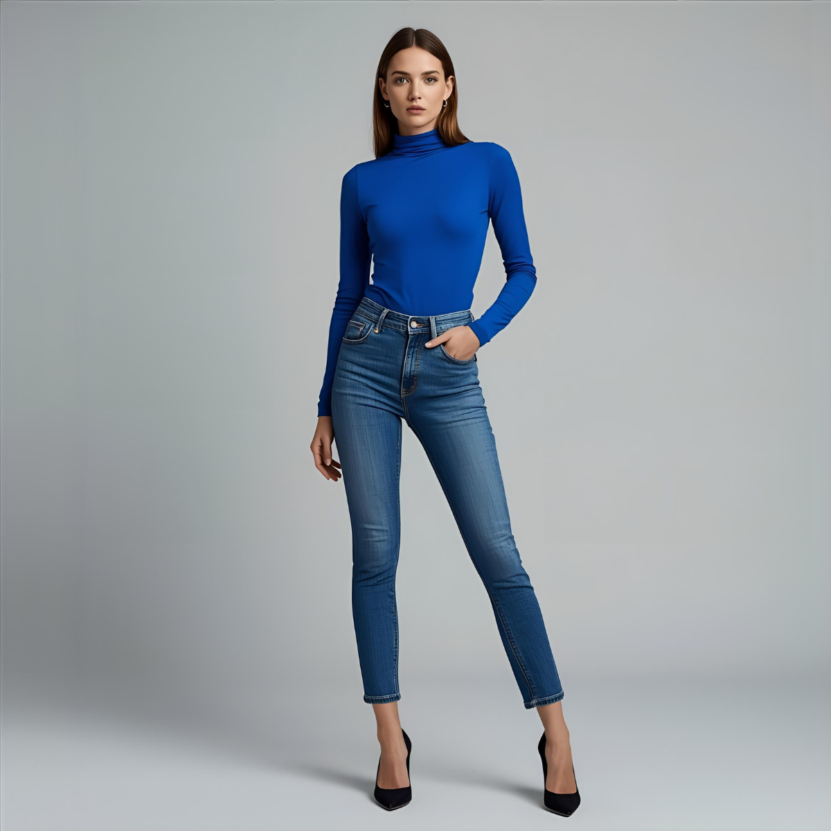 CELESTRA | Blue Fitted Long-Sleeve Elegant Casual Top