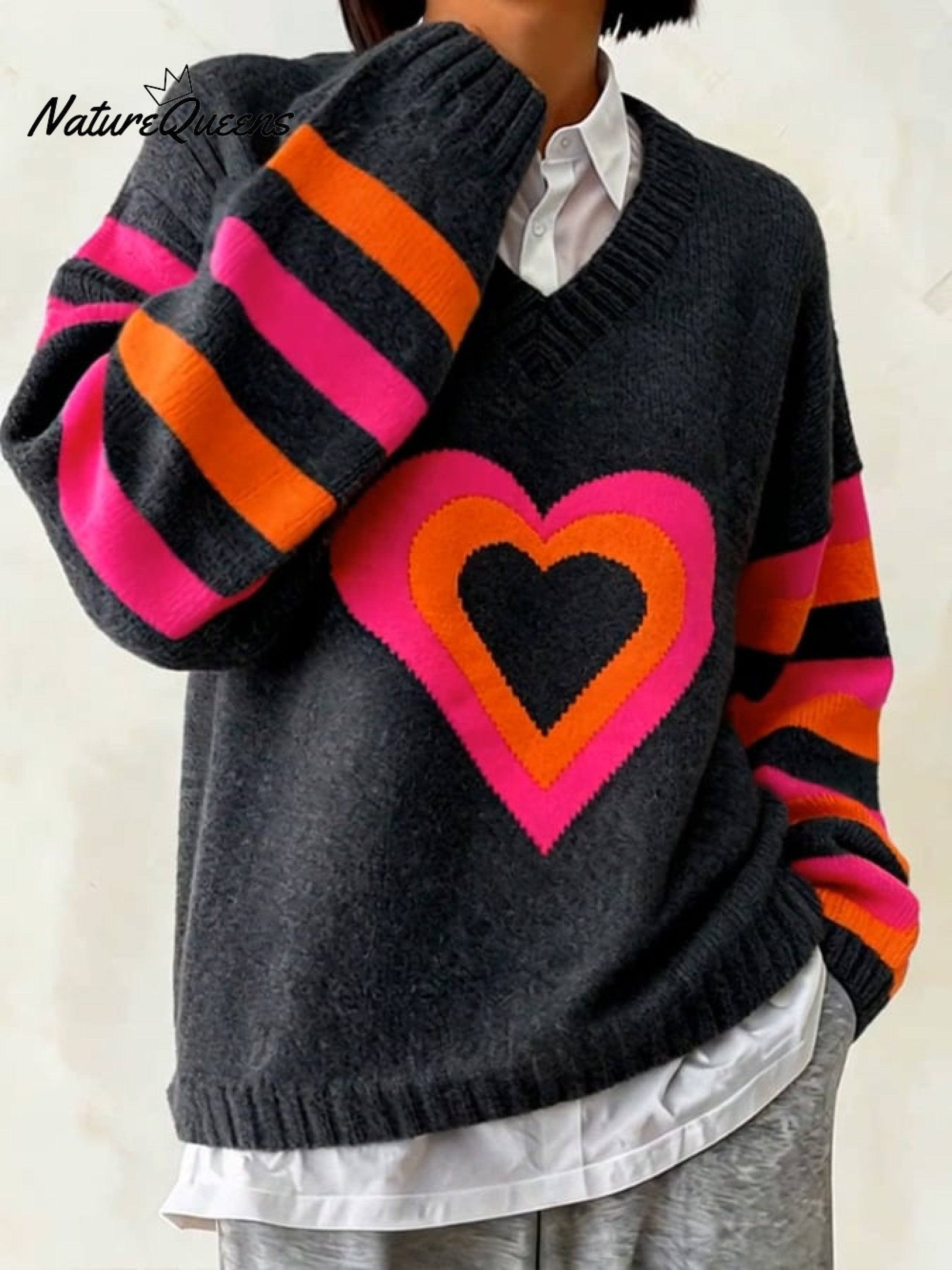 Women'S Casual Color-Block Heart-Patterned Sweater