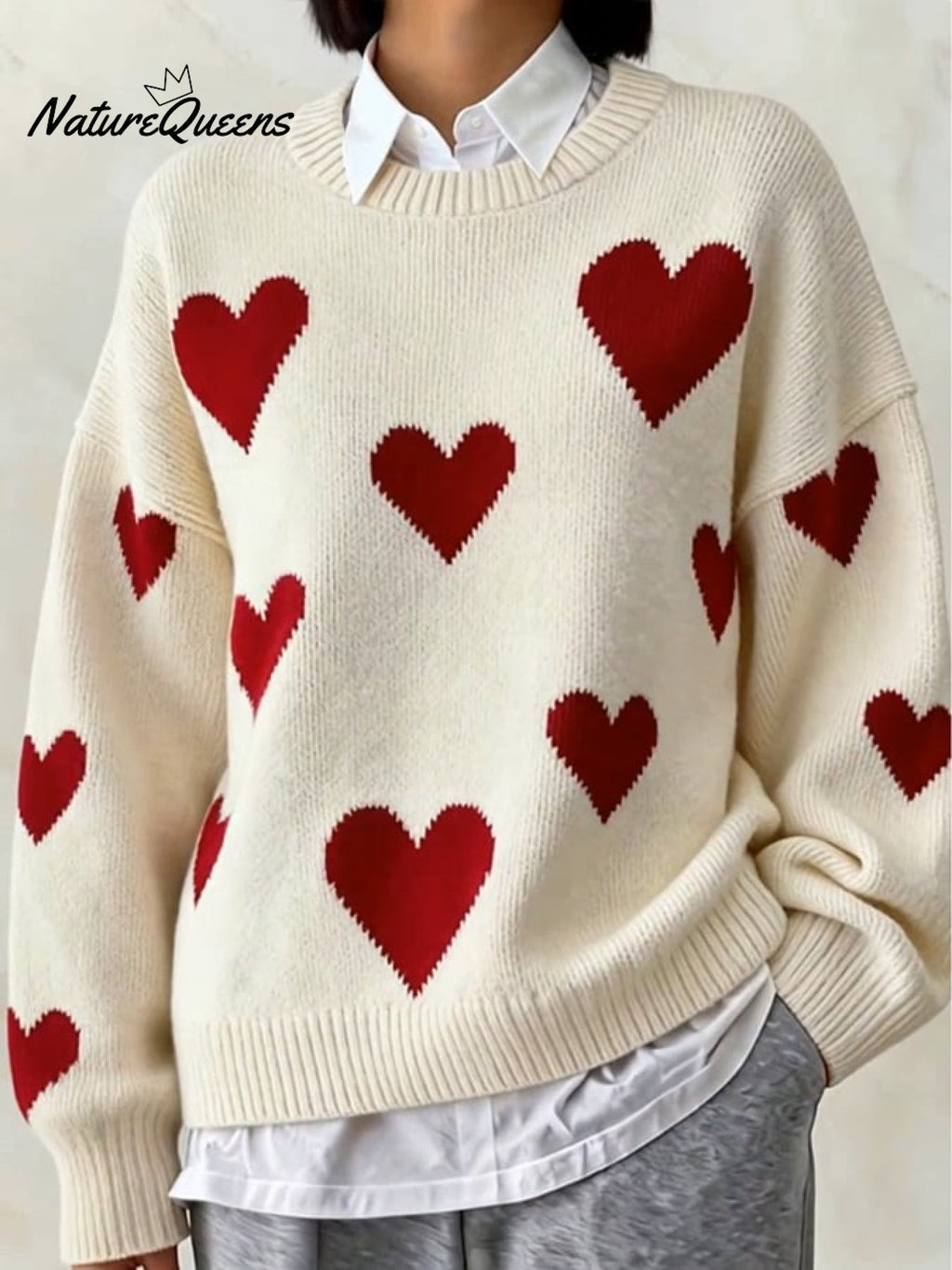 Women'S Casual Color-Block Heart-Patterned Sweater