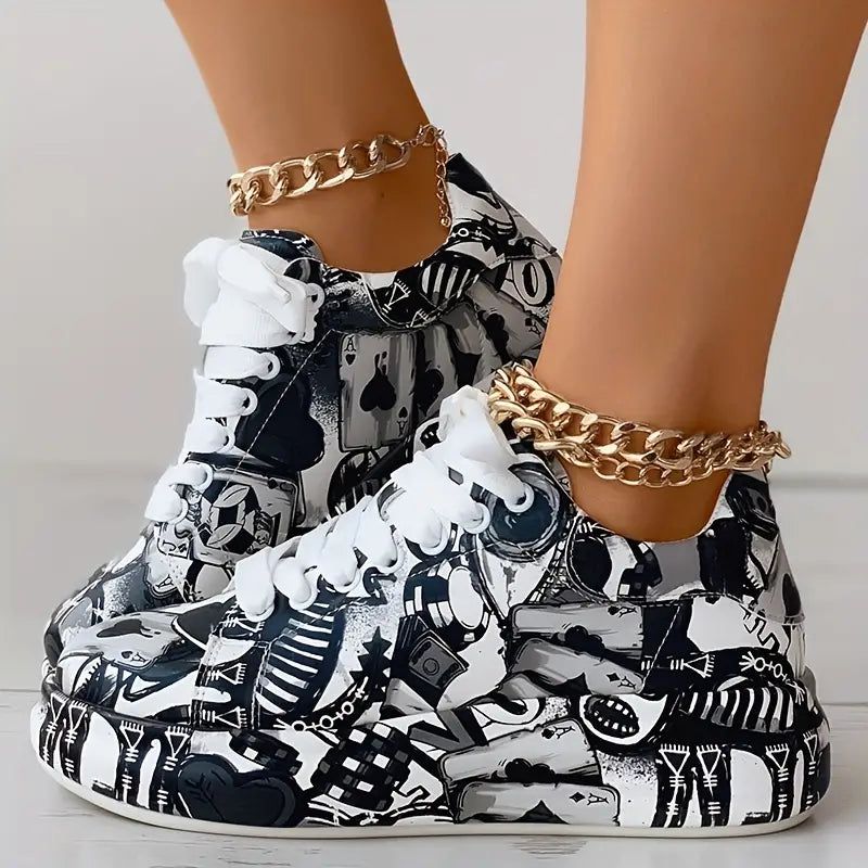 Graffiti Print Layered Sneakers for Women