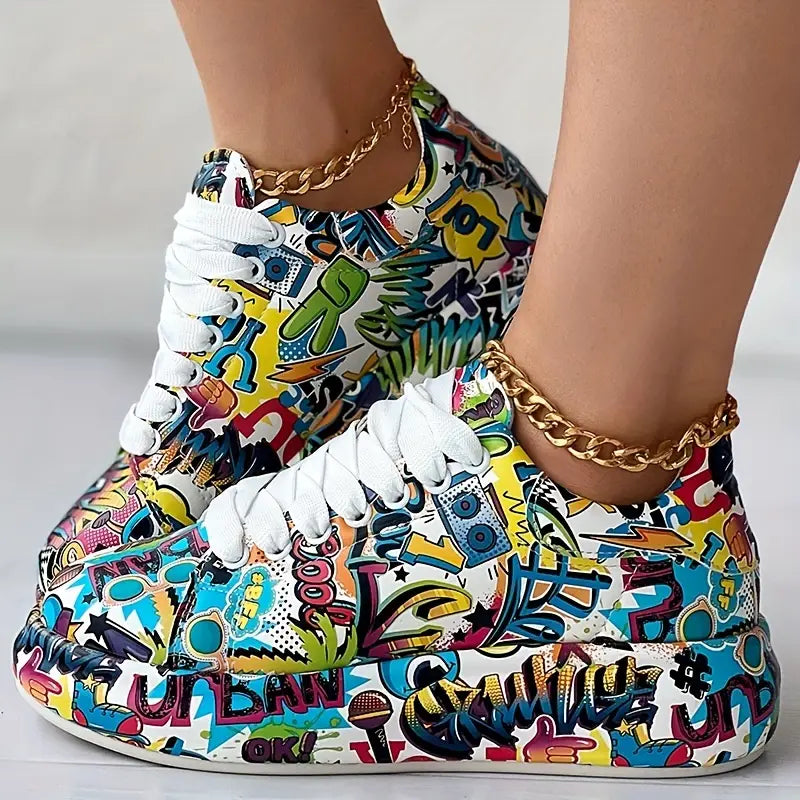 Graffiti Print Layered Sneakers for Women