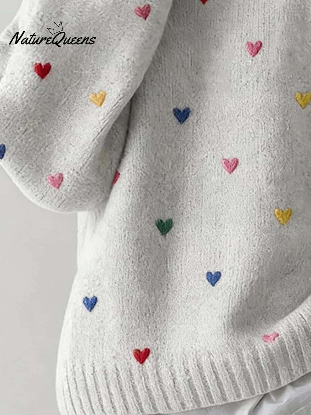 Women'S Casual Loose-Fitting Round-Neck Sweater With Heart Embroidery