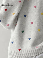 Women'S Casual Loose-Fitting Round-Neck Sweater With Heart Embroidery