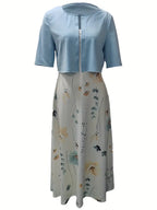Stylish Floral Two-Piece Dress Set with Solid Crop Top and Round Neckline