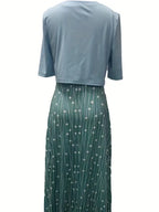 Stylish Floral Two-Piece Dress Set with Solid Crop Top and Round Neckline