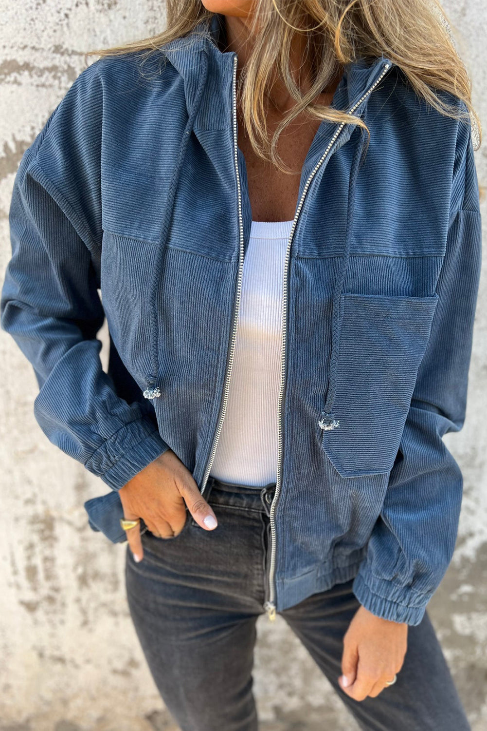 Teal Hooded Zip Jacket with Adjustable Drawstring