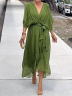 Women's Green V-Neck Chiffon Dress for Summer