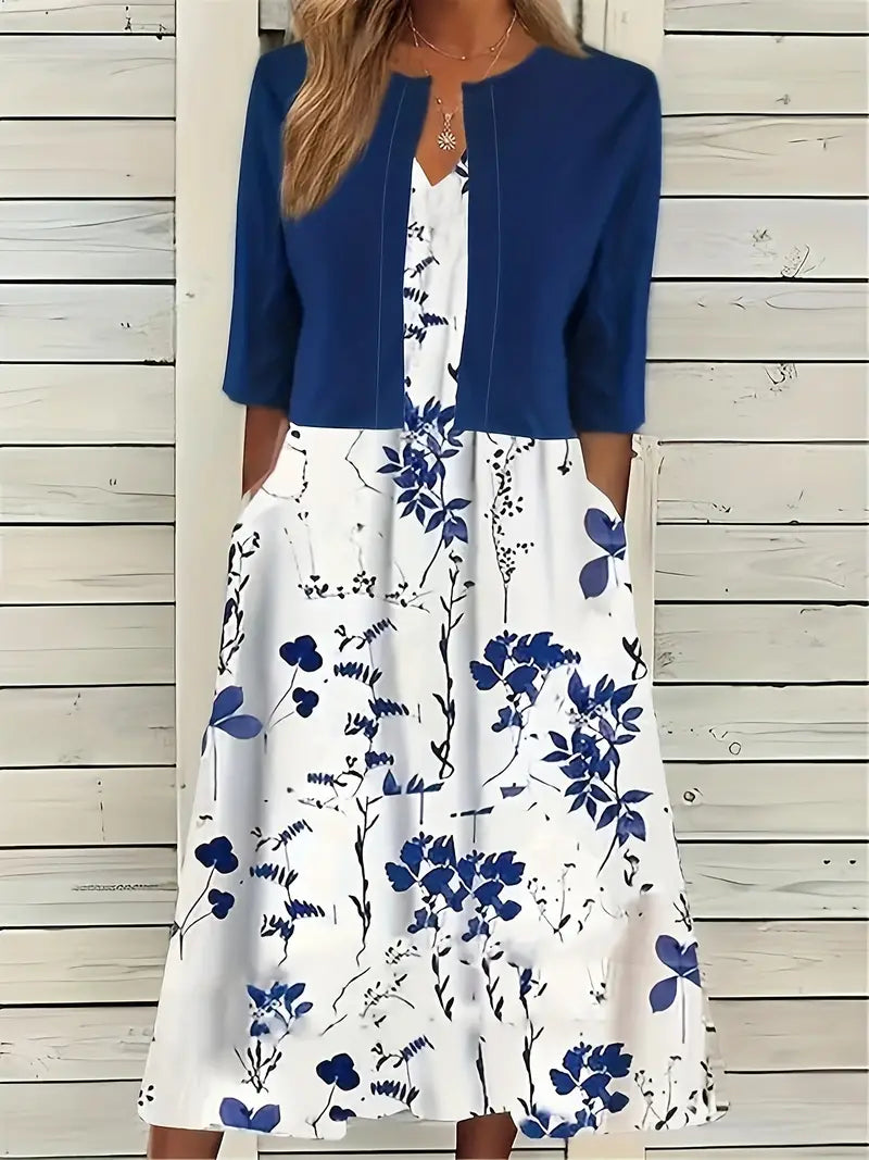 Stylish Floral Two-Piece Dress Set with Solid Crop Top and Round Neckline