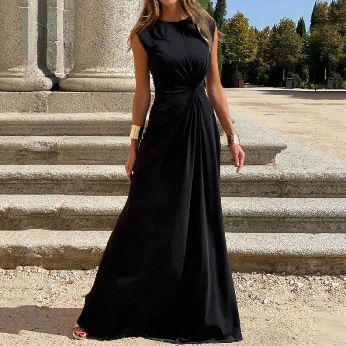 Chic Women's Long Sleeve V-Neck Maxi Dress - Solid Color Evening Gown