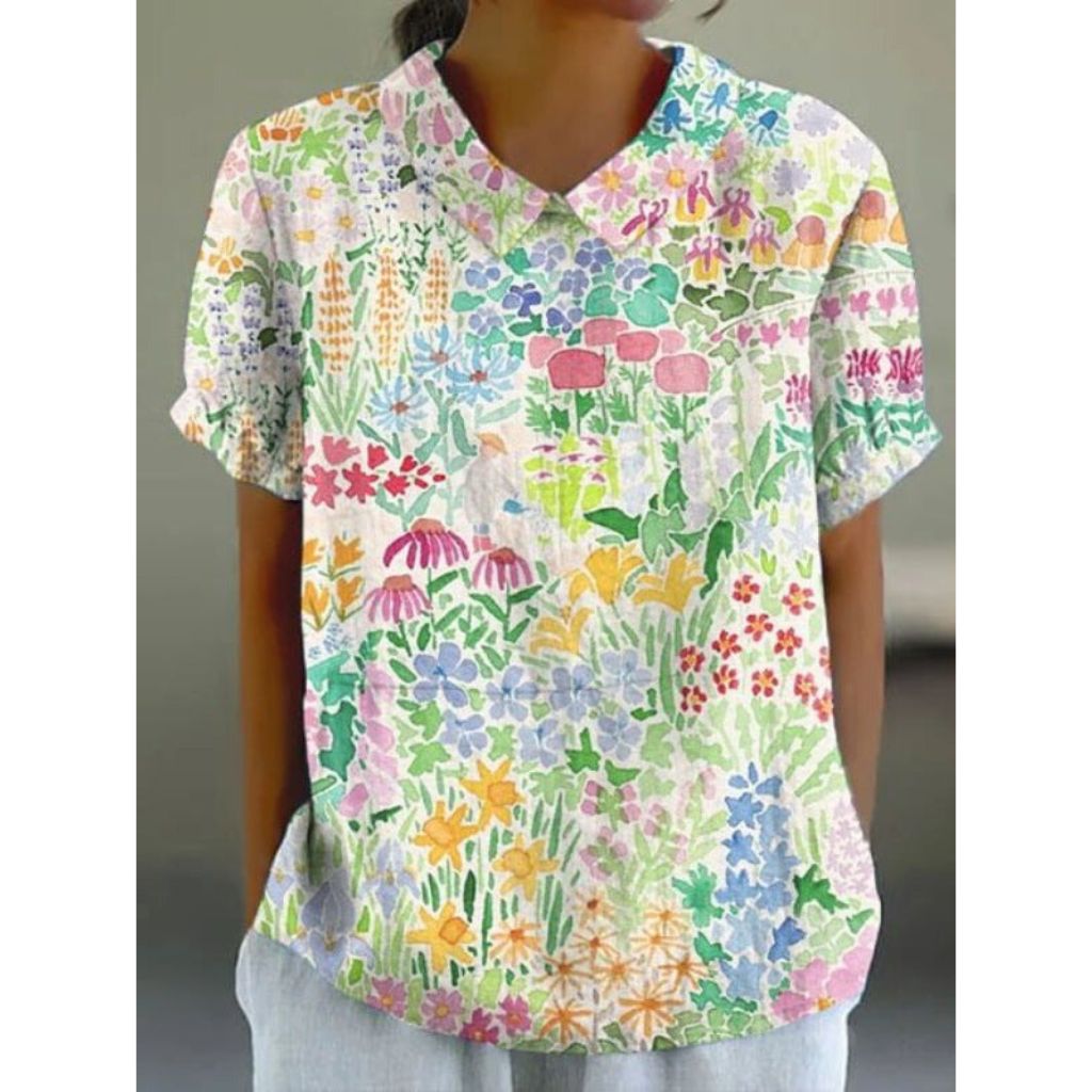 Charming Floral Cotton Blouse with a Pastoral Touch