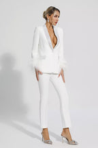 Feather-Accented Blazer Set Adorned with Diamonds