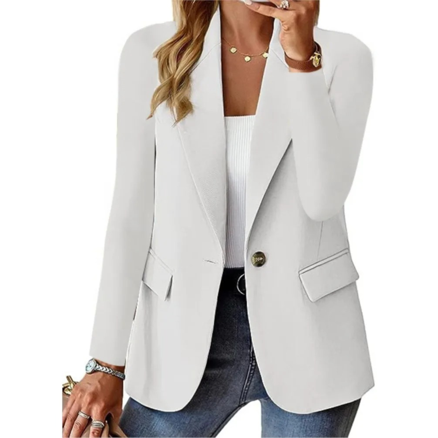 Women's Blazer with Button Closure and Functional Pockets