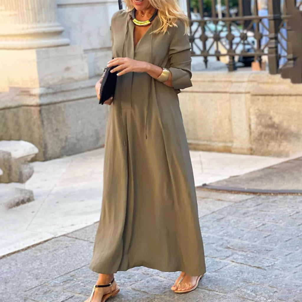 Stylish V-Neck Maxi Dress with Elbow-Length Sleeves for Summer