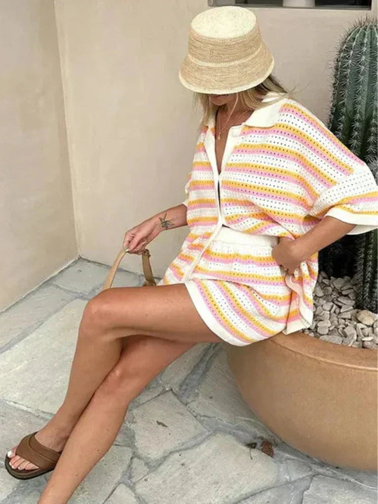 Striped Contrast Women's Two-Piece Knit Set