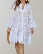 Chic V-Neck Embroidered Dress with Bell Sleeves for Effortless Comfort