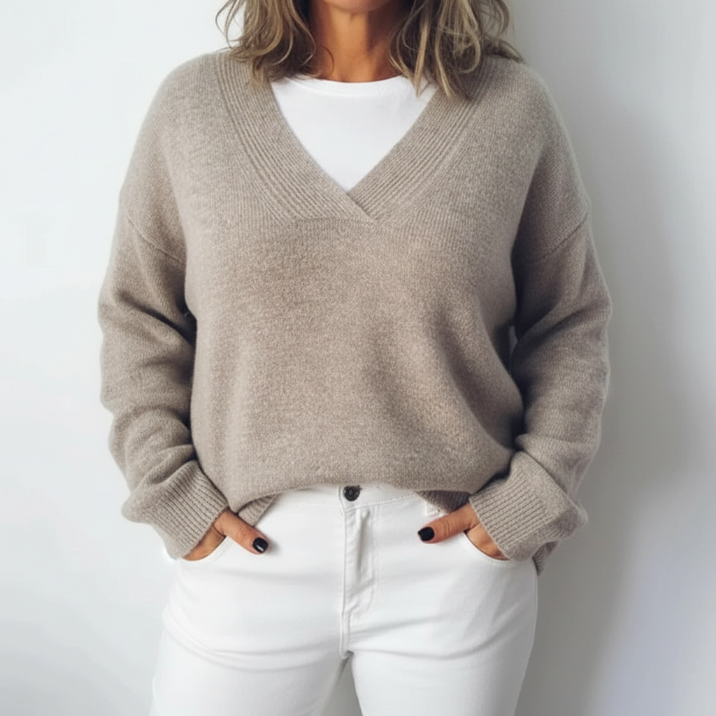 Elegant V-Neck Oversized Knit Sweater for Plus Size Women