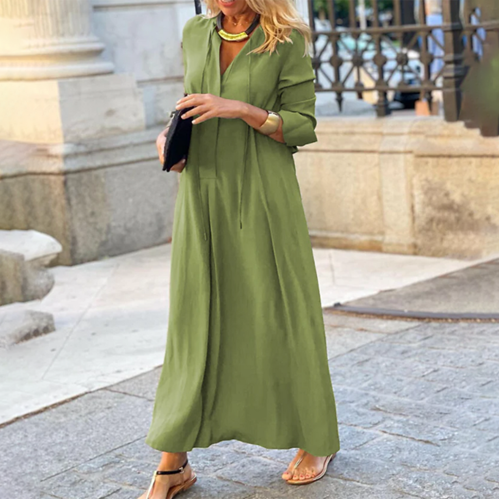 Stylish V-Neck Maxi Dress with Elbow-Length Sleeves for Summer