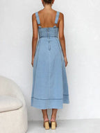 Casual Strap Denim Midi Dress with Button-Up Front