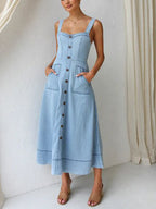 Casual Strap Denim Midi Dress with Button-Up Front