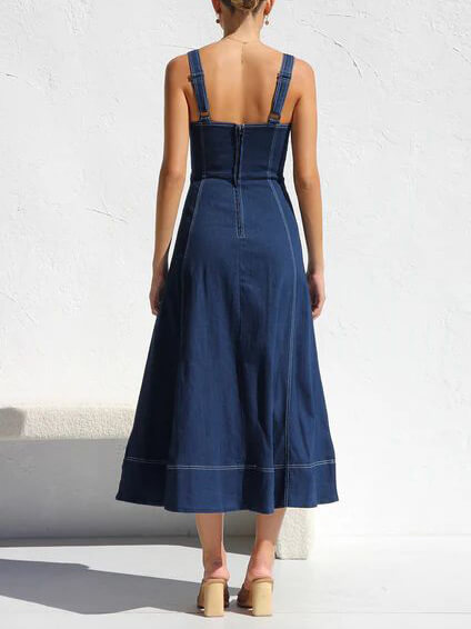 Casual Strap Denim Midi Dress with Button-Up Front