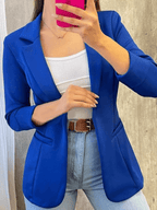 Stylish Women's Solid Blazer with Pockets, Lapel Collar, and Long Sleeves