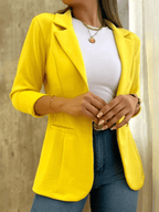 Stylish Women's Solid Blazer with Pockets, Lapel Collar, and Long Sleeves