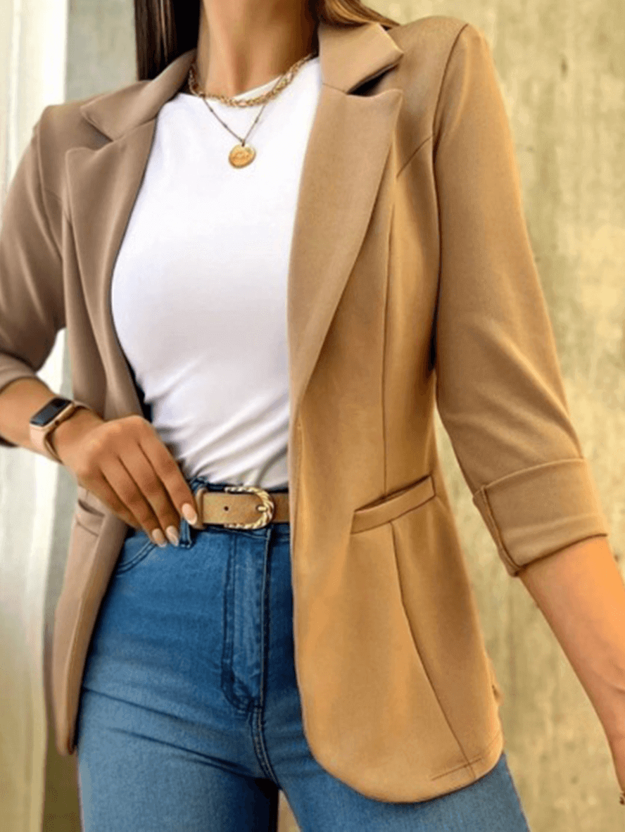 Stylish Women's Solid Blazer with Pockets, Lapel Collar, and Long Sleeves