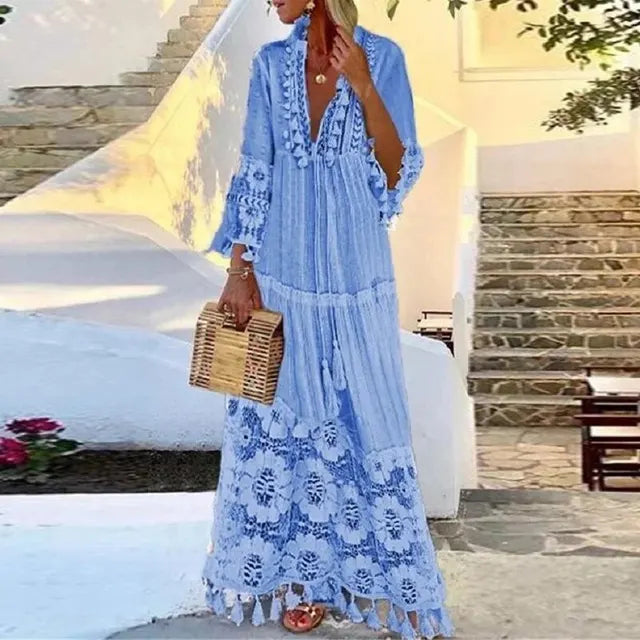 Bohemian Lace and Fringe Maxi Dress