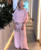Elegant Evening Outfit: Glittering Top Paired with Palazzo Pants