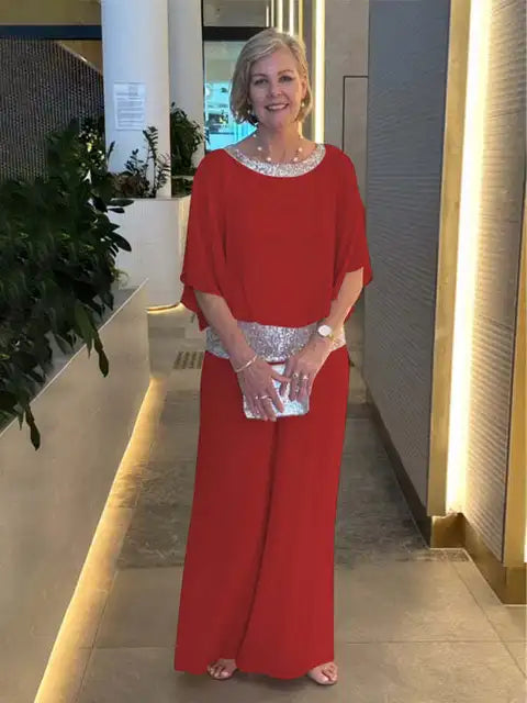 Elegant Evening Outfit: Glittering Top Paired with Palazzo Pants