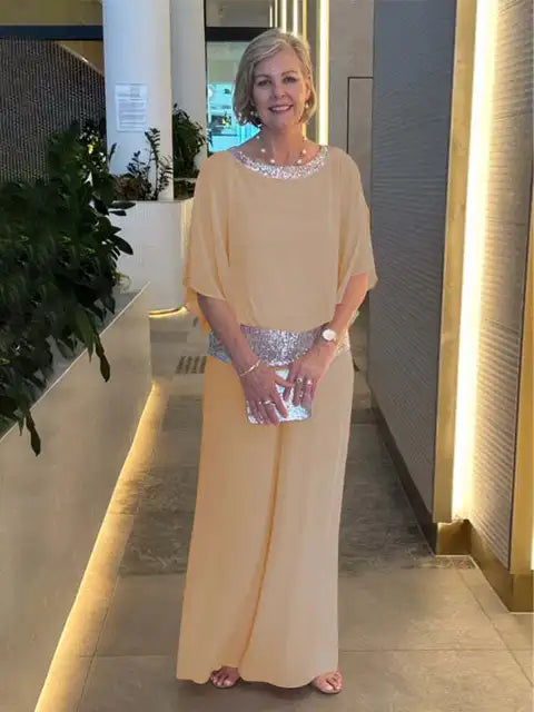 Elegant Evening Outfit: Glittering Top Paired with Palazzo Pants