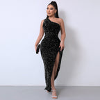 Elegant One-Shoulder Sequin Gown with Striking High Slit