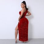 Elegant One-Shoulder Sequin Gown with Striking High Slit