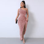 Elegant One-Shoulder Sequin Gown with Striking High Slit