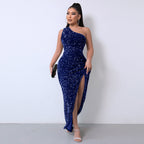 Elegant One-Shoulder Sequin Gown with Striking High Slit