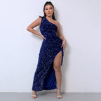 Elegant One-Shoulder Sequin Gown with Striking High Slit