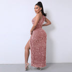 Elegant One-Shoulder Sequin Gown with Striking High Slit