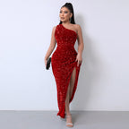 Elegant One-Shoulder Sequin Gown with Striking High Slit