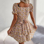 Square Neck Floral Puff Sleeve Dress