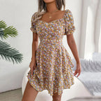 Square Neck Floral Puff Sleeve Dress