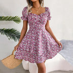 Square Neck Floral Puff Sleeve Dress