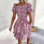 Square Neck Floral Puff Sleeve Dress