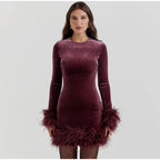 Elegant Sheath Dress with Feather-Trimmed Sleeves