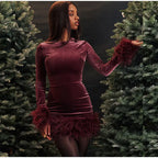 Elegant Sheath Dress with Feather-Trimmed Sleeves